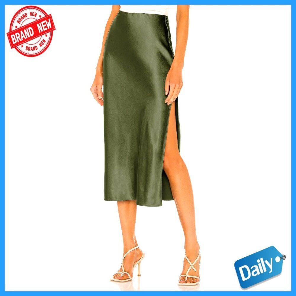 Satin Midi Skirt with High Waist and Side Slit, Elastic Waistband, Flowy Hem